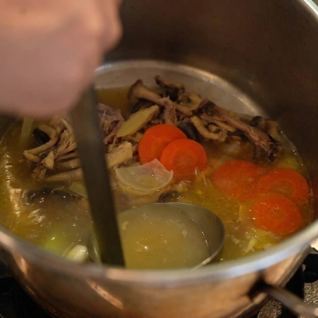 Une louche remuant un bouillon doré contenant des morceaux de poulet et des carottes dans une marmite en inox.