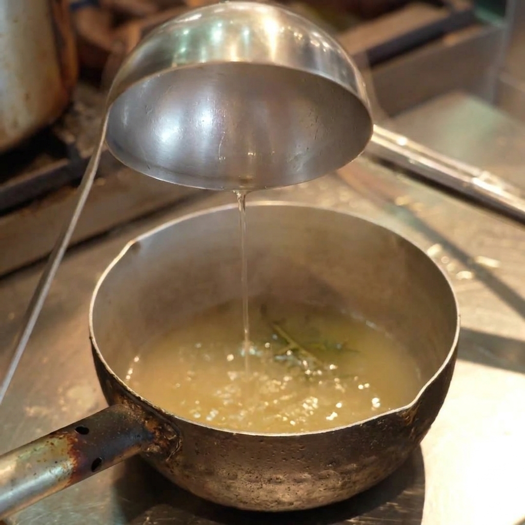 Une petite casserole sur un brûleur à gaz avec de la vapeur séchappant du bouillon bouillant à lintérieur.