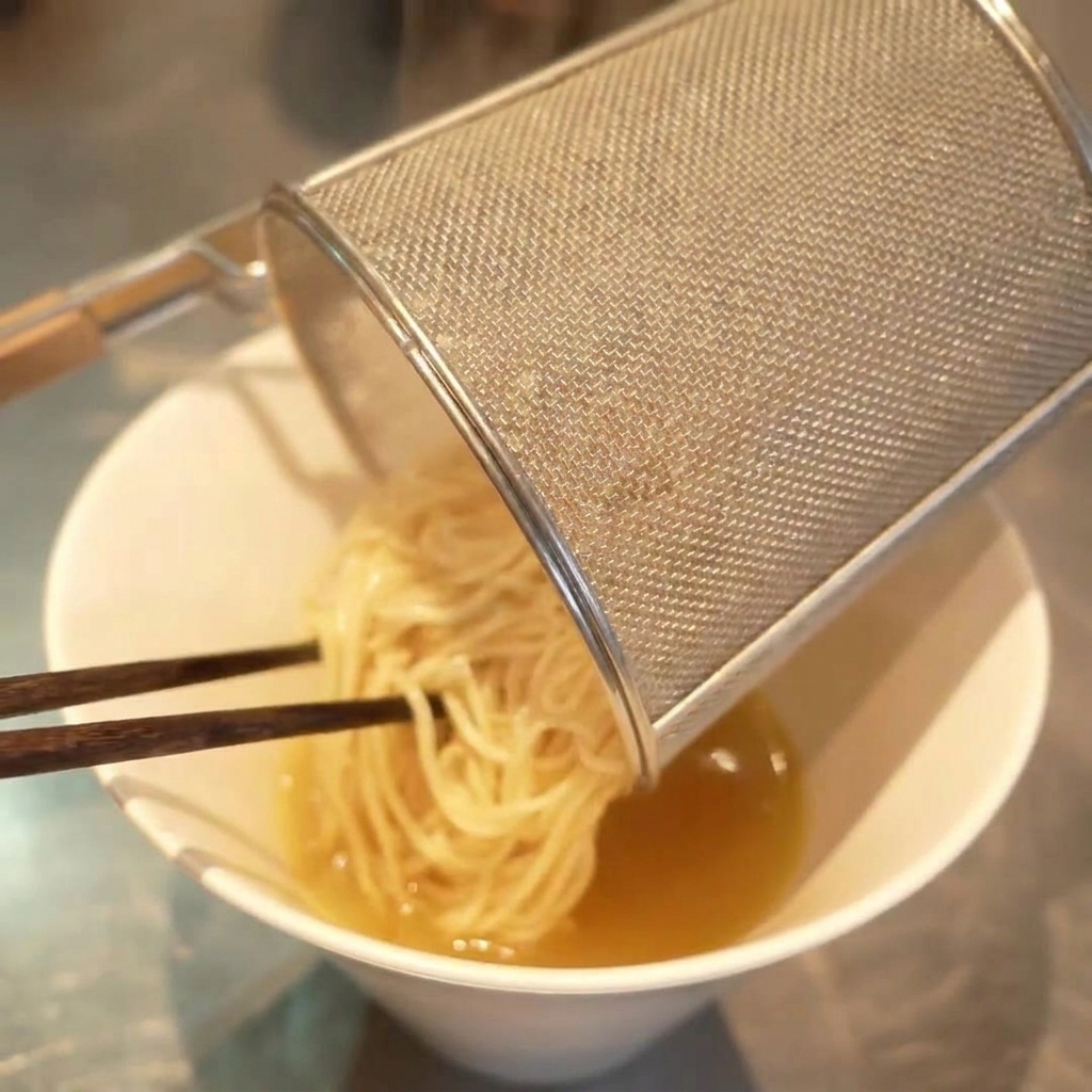 Nouilles versées dune passoire à ramen dans un bol blanc rempli de bouillon chaud et clair.
