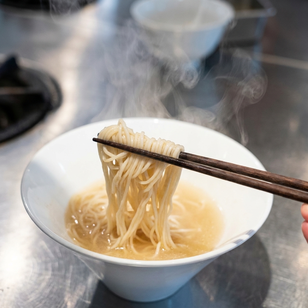 Un faisceau de nouilles ramen soulevé et arrangé avec des baguettes dans un bol de bouillon.