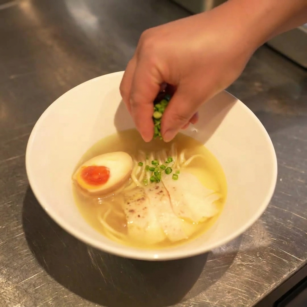 Gros plan dune main parsemant des oignons verts ciselés sur un bol de Ramen Shio fini.