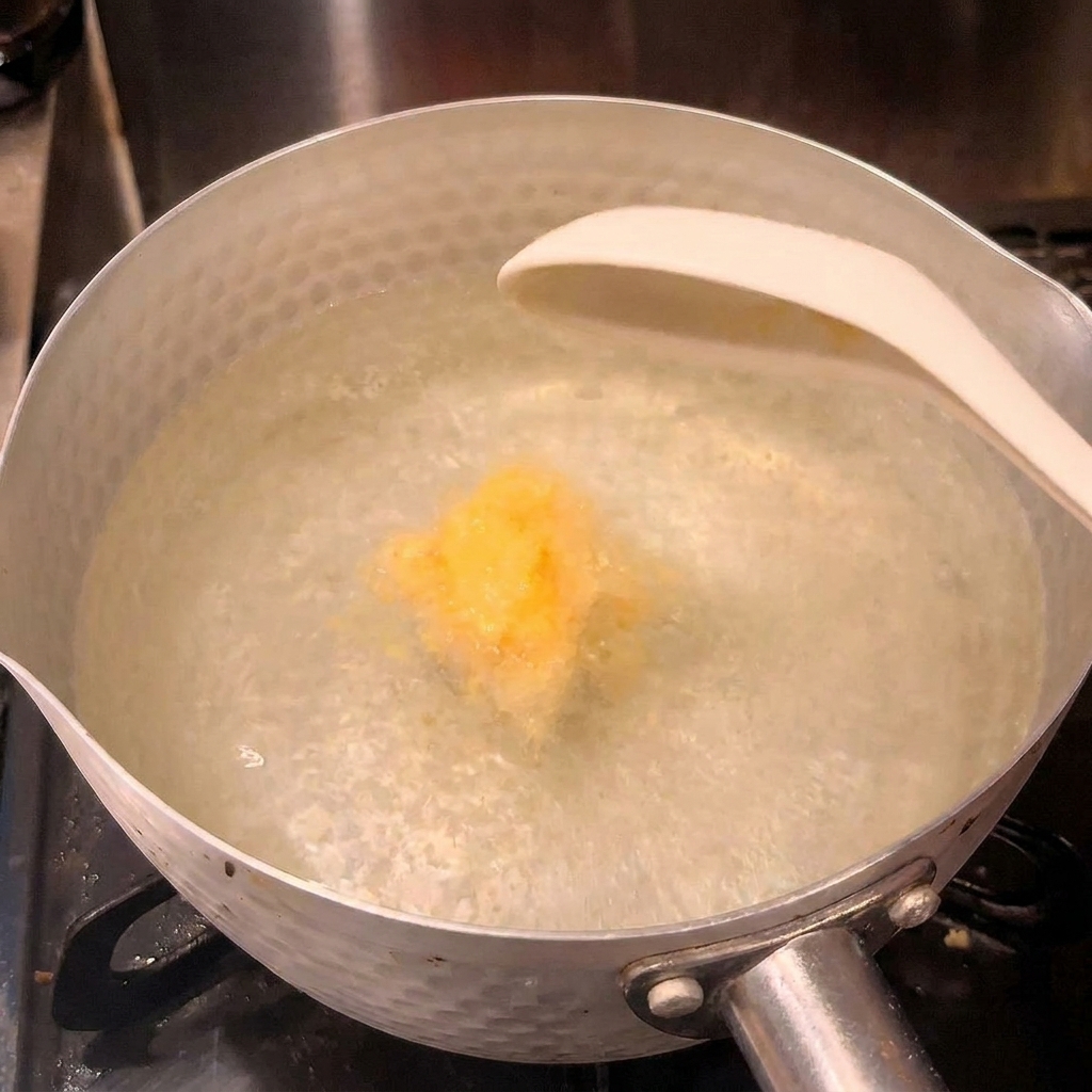 Une cuillère de bouillon de poulet jaune ajoutée à une casserole deau bouillante pour créer une soupe claire.