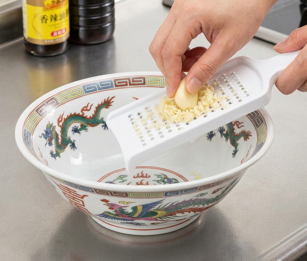 Une main râpant une gousse dail sur une râpe blanche au-dessus dun bol à ramen en céramique décoré.
