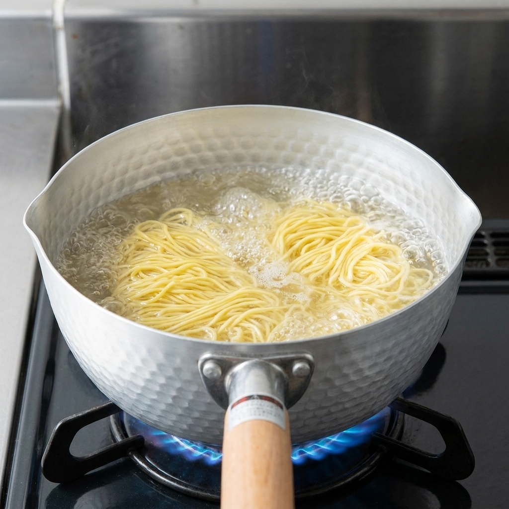 Un nid de nouilles ramen jaunes cuisant dans une casserole deau bouillante à gros bouillons.