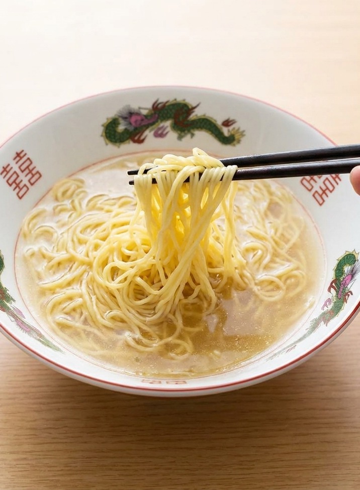 Gros plan de nouilles ramen disposées délicatement avec des baguettes dans un bol de bouillon doré et clair.