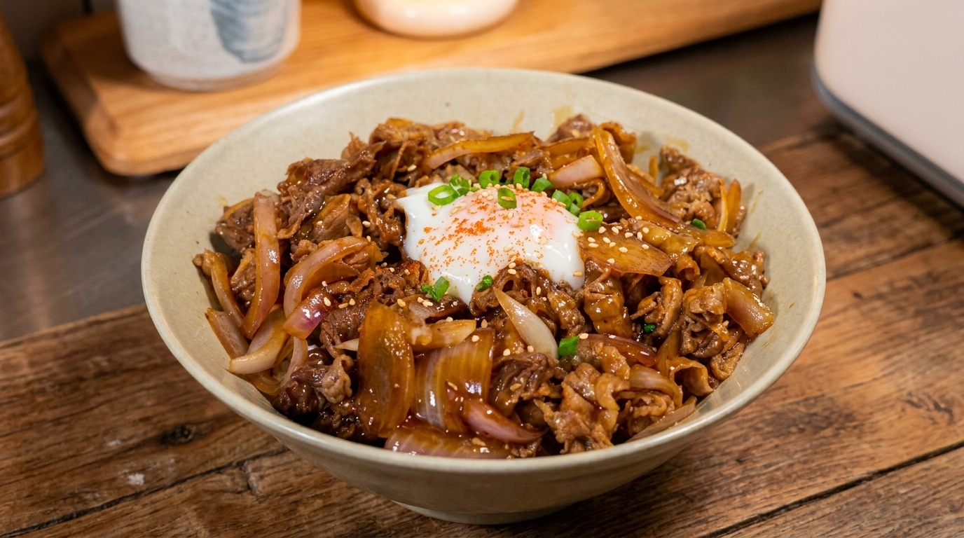 Gyudon Japonais (Bol de Bœuf Teriyaki) avec Œuf Onsen
