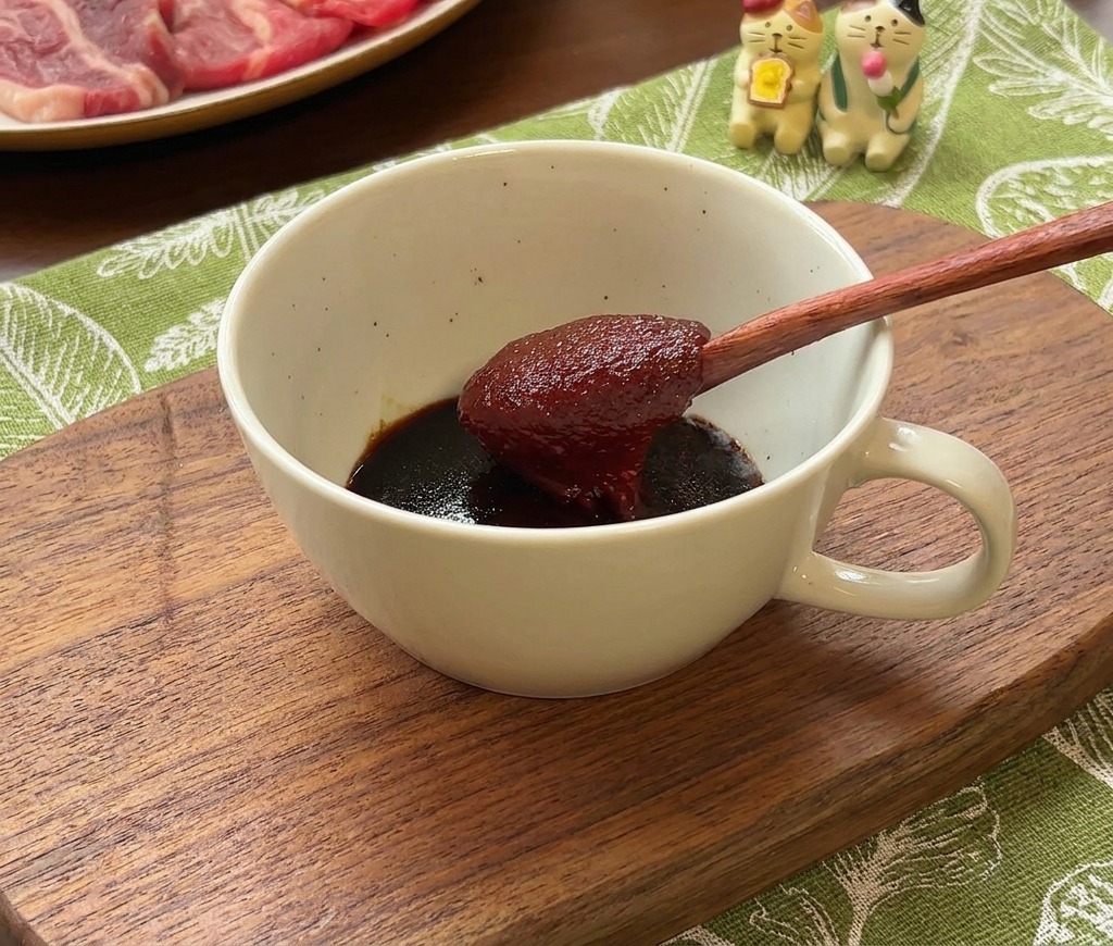 Une cuillère en bois avec une portion de pâte de piment rouge épaisse au-dessus dun bol de sauce.