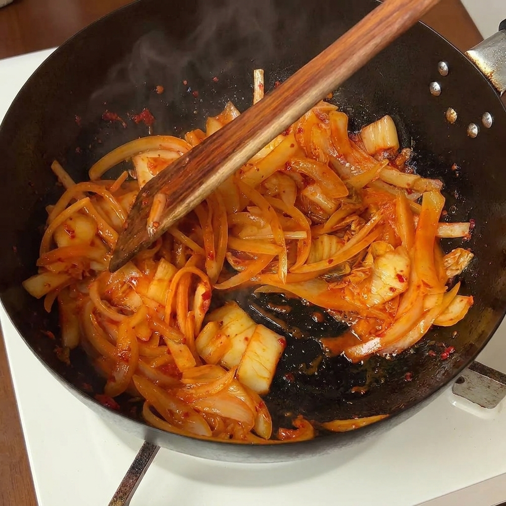 Une cuillère en bois mélangeant des oignons et du kimchi rouge dans une poêle chaude.
