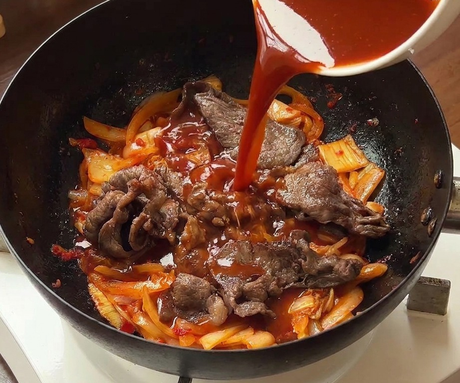 Une personne versant une sauce rouge vibrante dun bol blanc dans un wok contenant du bœuf, des oignons et du kimchi.