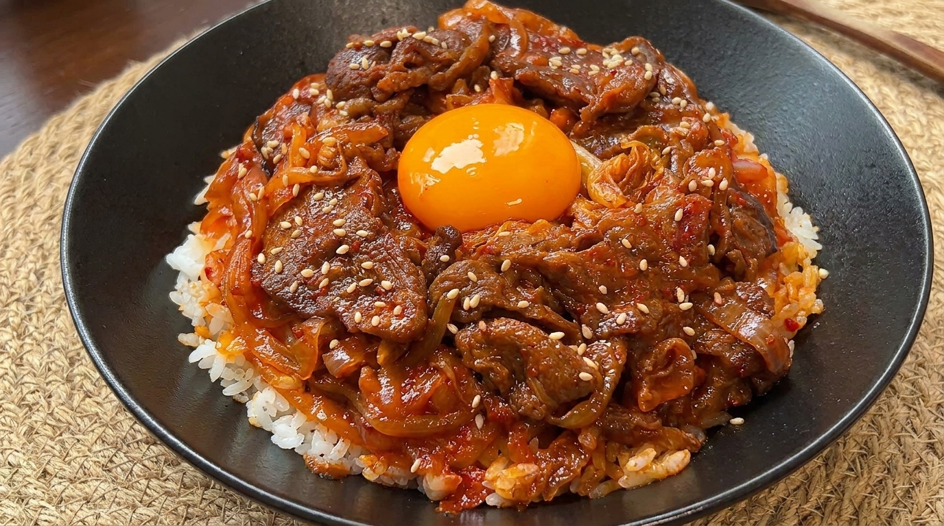 Bol de riz au bœuf et kimchi avec jaune d'œuf