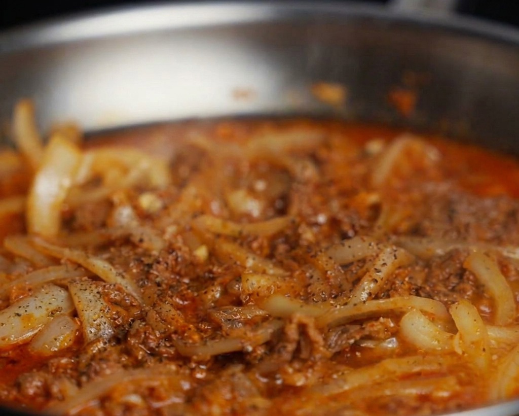 Graines de sésame blanc saupoudrées sur une poêle frémissante de bœuf, doignons et de kimchi.