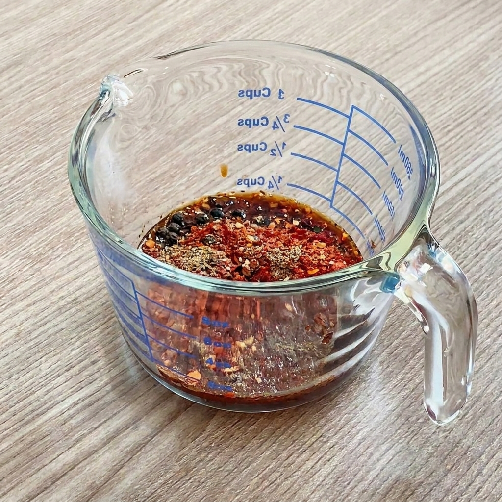 Un verre doseur contenant des flocons de piment, du poivre noir, de la sauce soja et une dose de pâte de piment coréenne.