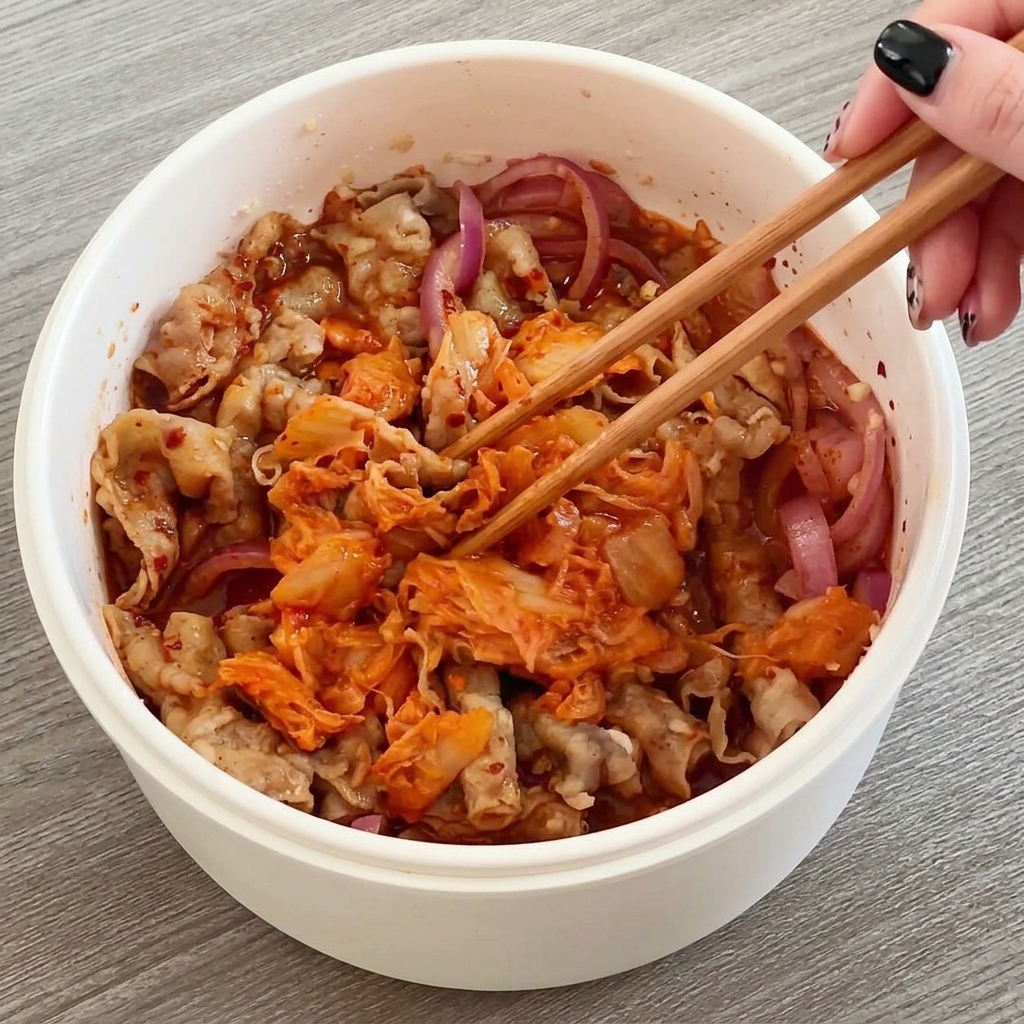 Baguettes mélangeant le bœuf, les oignons et le kimchi dans une sauce rouge onctueuse.