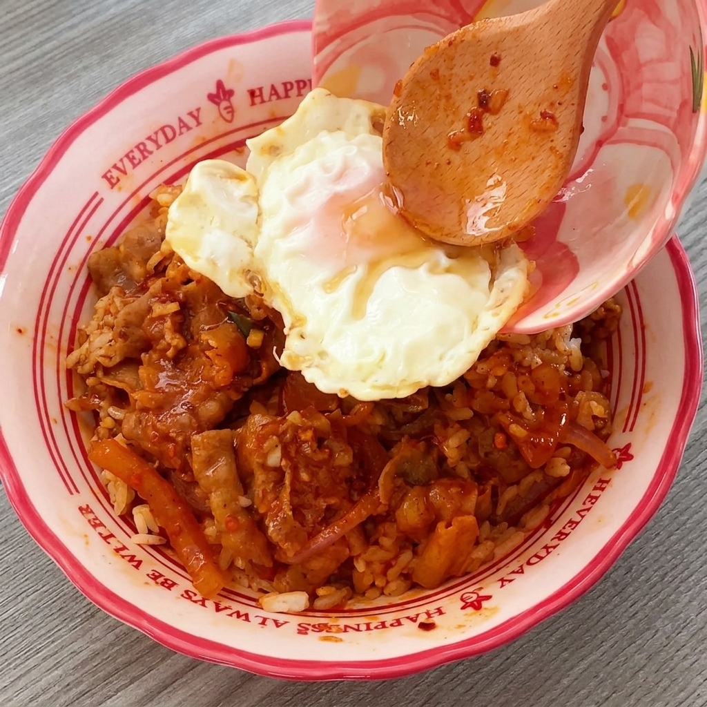 Une cuillère en bois déposant délicatement un œuf au plat sur un bol de riz au bœuf et kimchi.