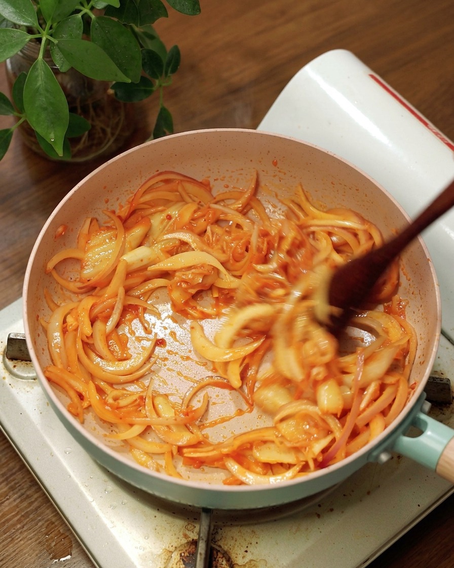 Une spatule en bois remuant les oignons et le kimchi dans la poêle.