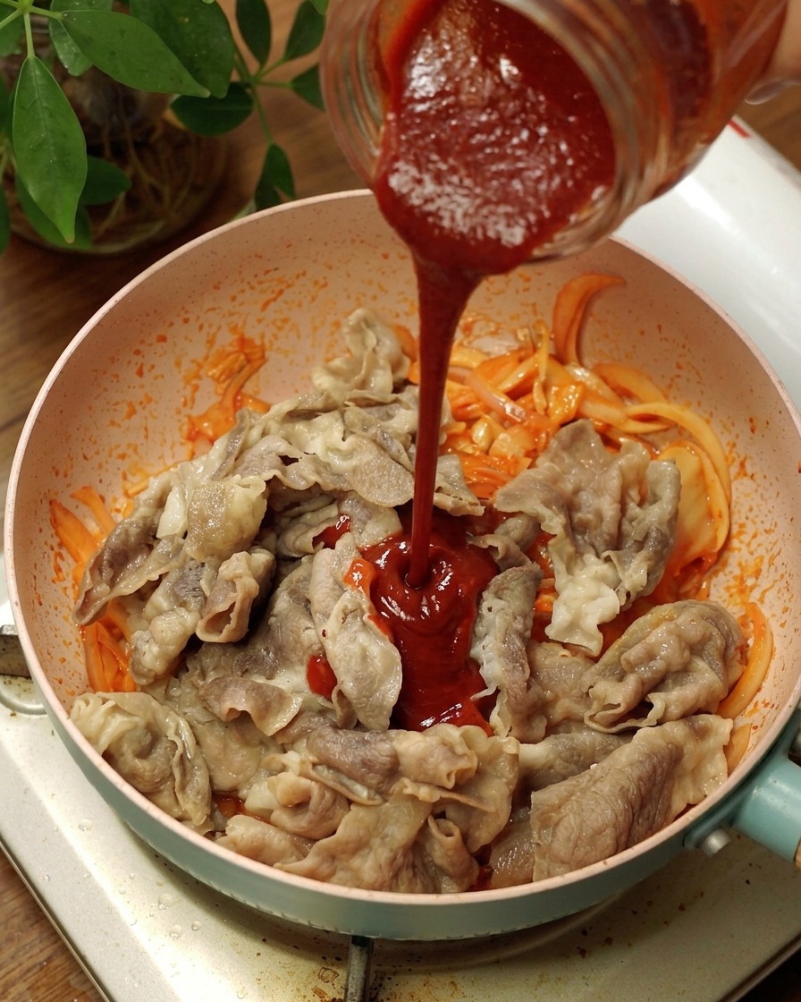 Pâte de piment coréenne rougeoyante versée sur le mélange de bœuf, oignons et kimchi dans la poêle.