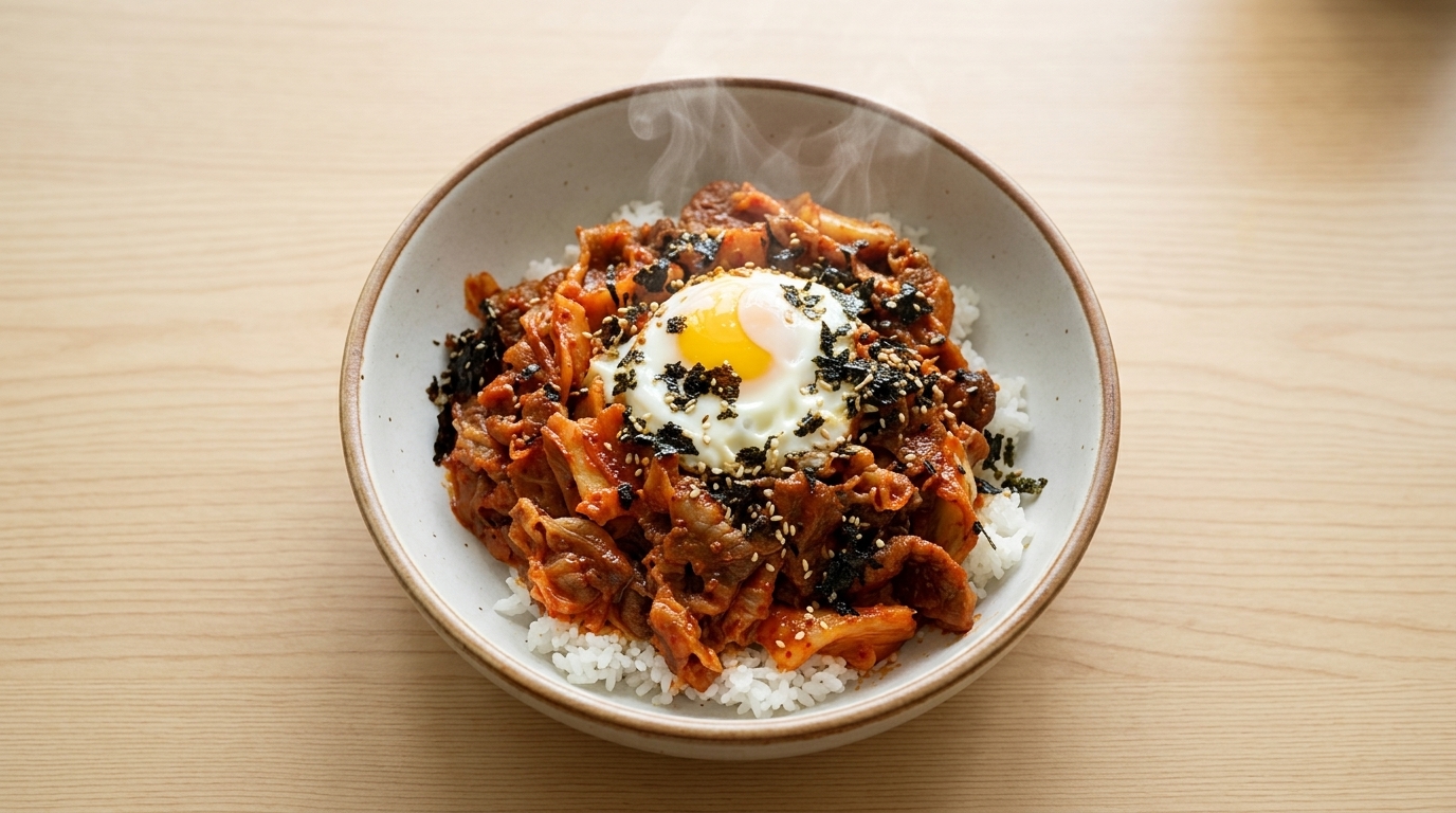 Bol de riz au bœuf épicé et kimchi