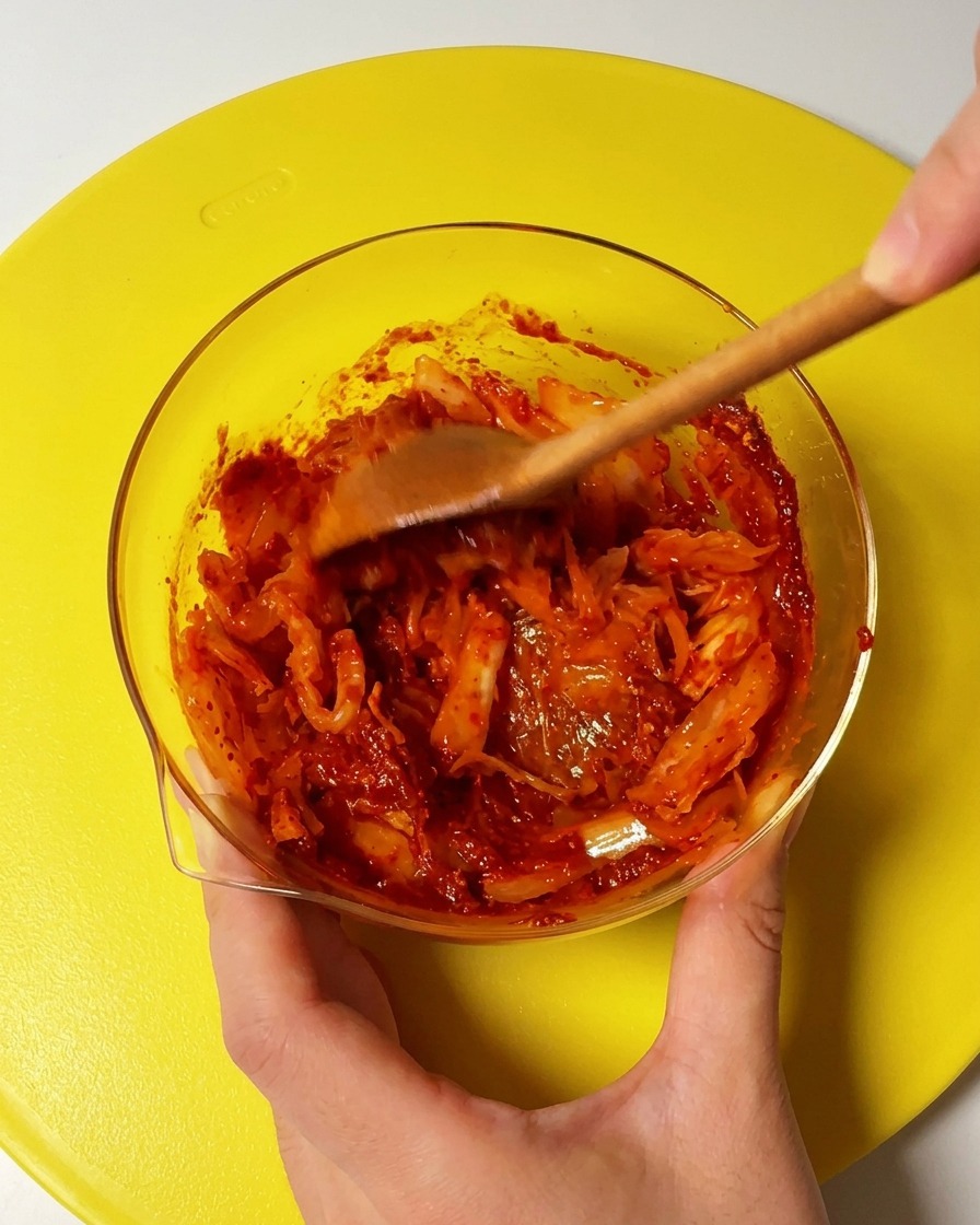 Une cuillère en bois mélangeant du kimchi et de la pâte de piment rouge dans un bol en verre.