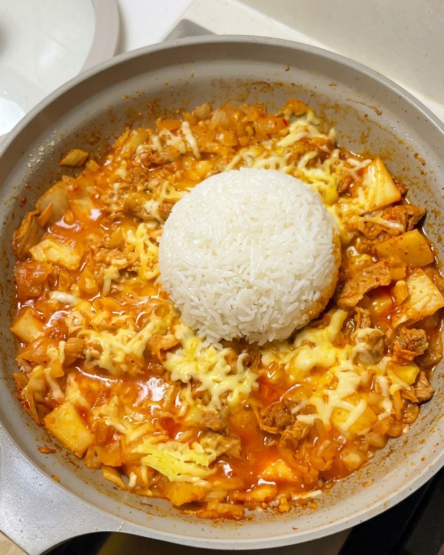 Un dôme de riz blanc placé au centre de la poêle, entouré de fromage fondu et de bœuf au kimchi.