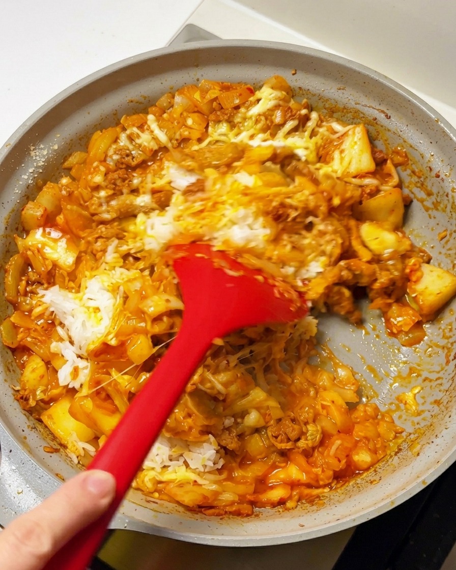 Spatule rouge mélangeant le riz blanc avec la base épicée et le fromage fondu.