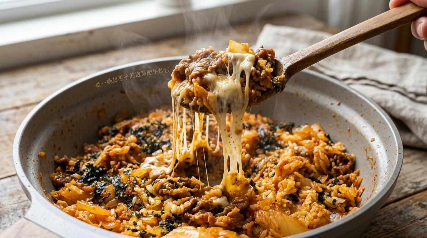 Riz sauté au kimchi, bœuf et fromage fondant