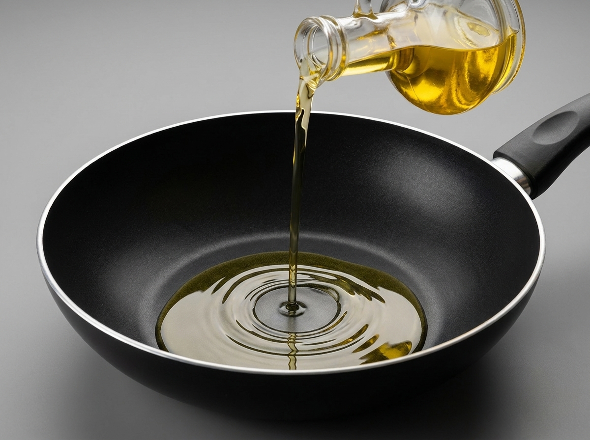 Huile de cuisson versée dune bouteille en verre dans un wok noir antiadhésif propre.
