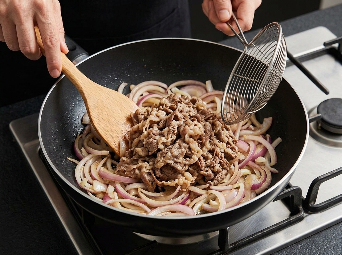 Tranches de bœuf blanchies ajoutées aux oignons sautés dans une poêle à laide dune passoire.