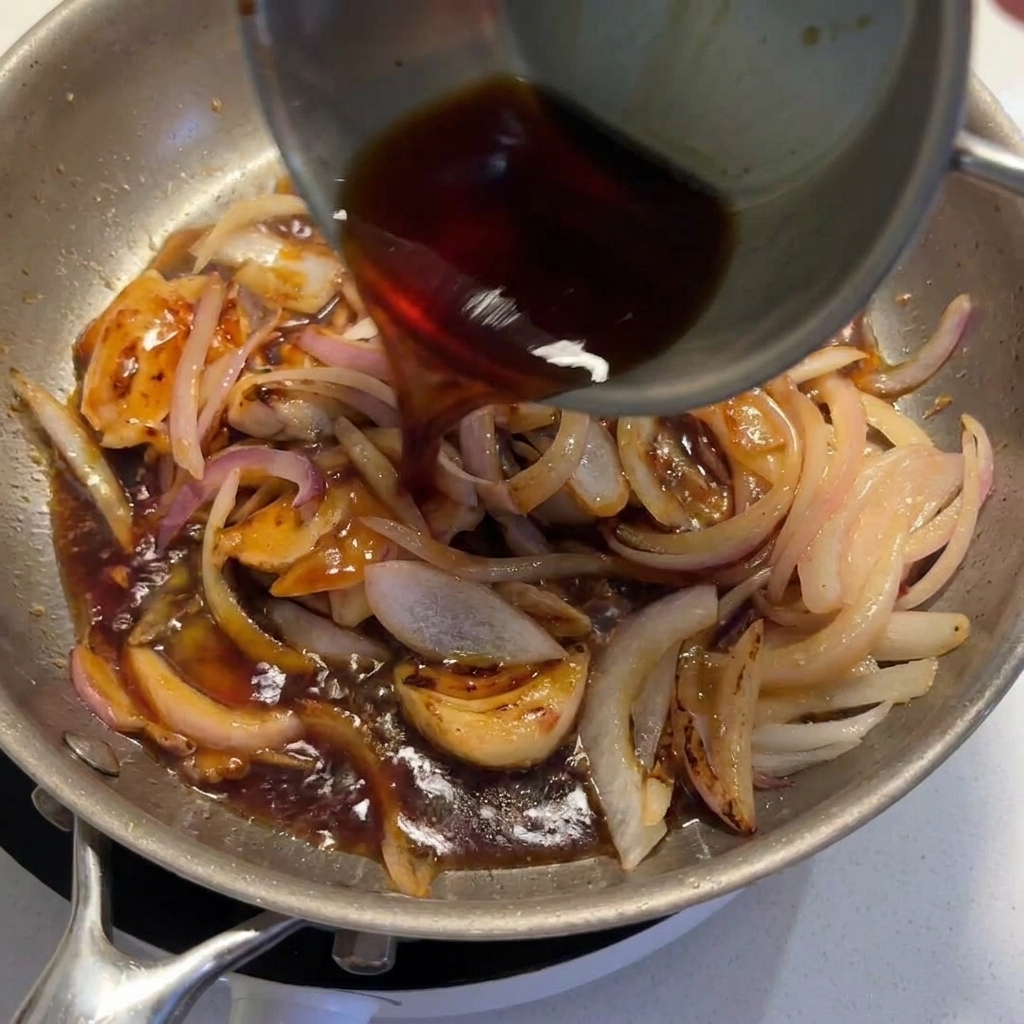 Une sauce sombre versée depuis un pichet métallique dans une poêle contenant le poulet et les oignons.
