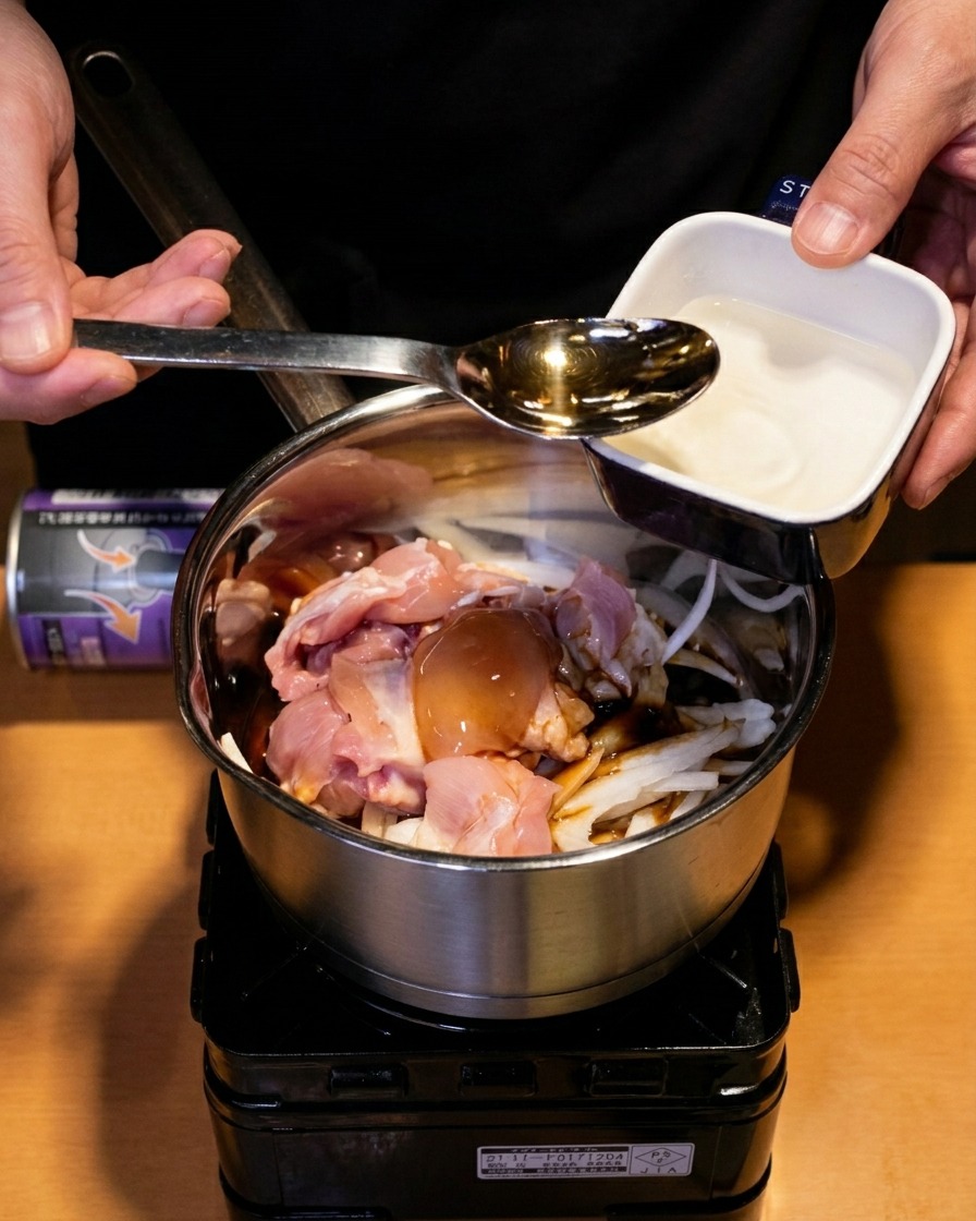 Une cuillerée de saké clair versée dans la casserole en inox comme base dassaisonnement.