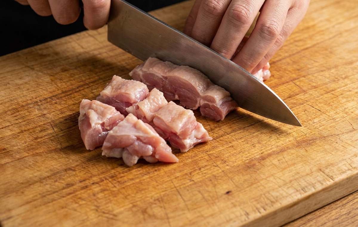 Hauts de cuisse de poulet crus coupés en petits dés uniformes sur une planche à découper.