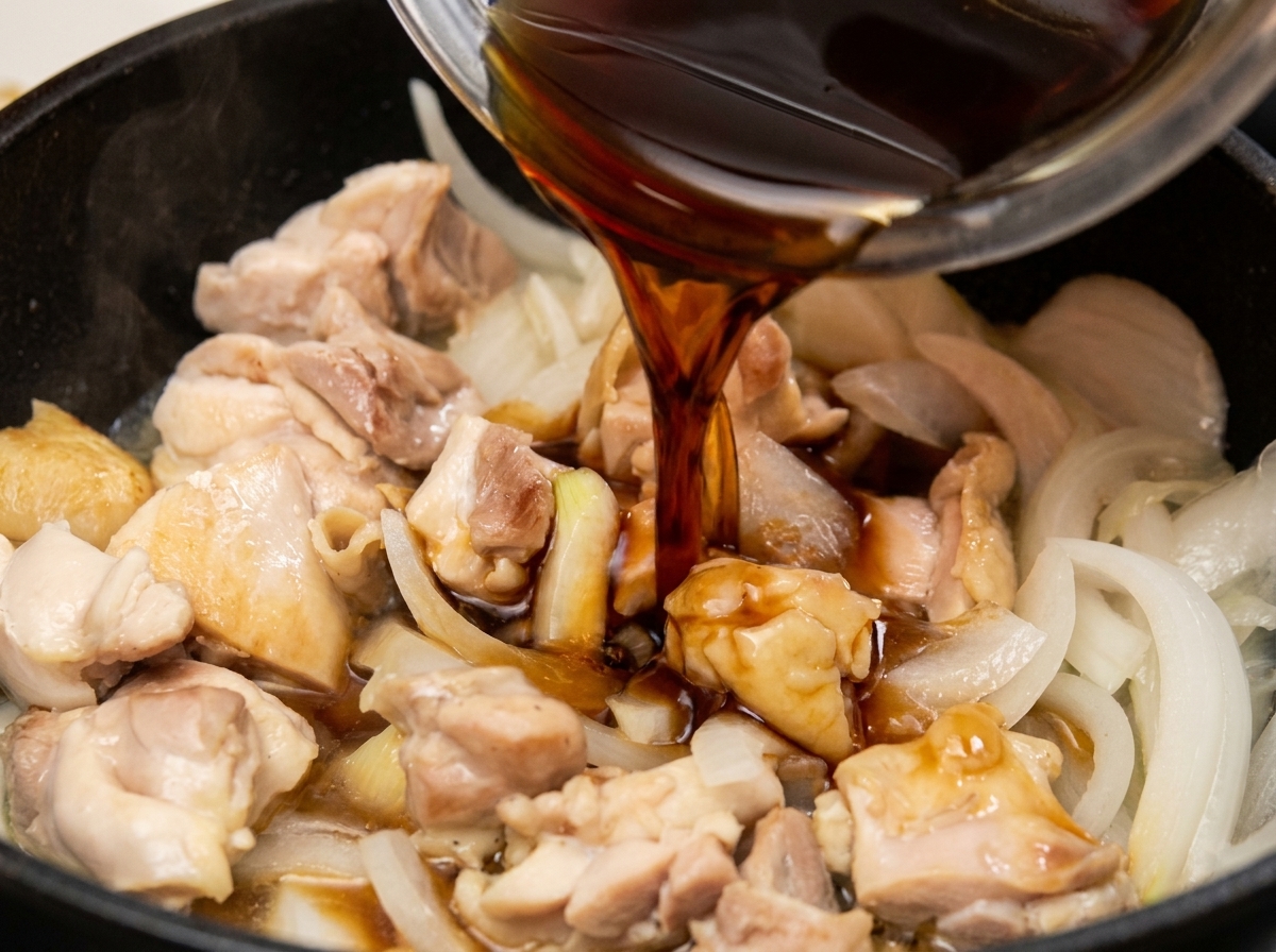 Sauce soja versée sur le poulet et les oignons dans la poêle.