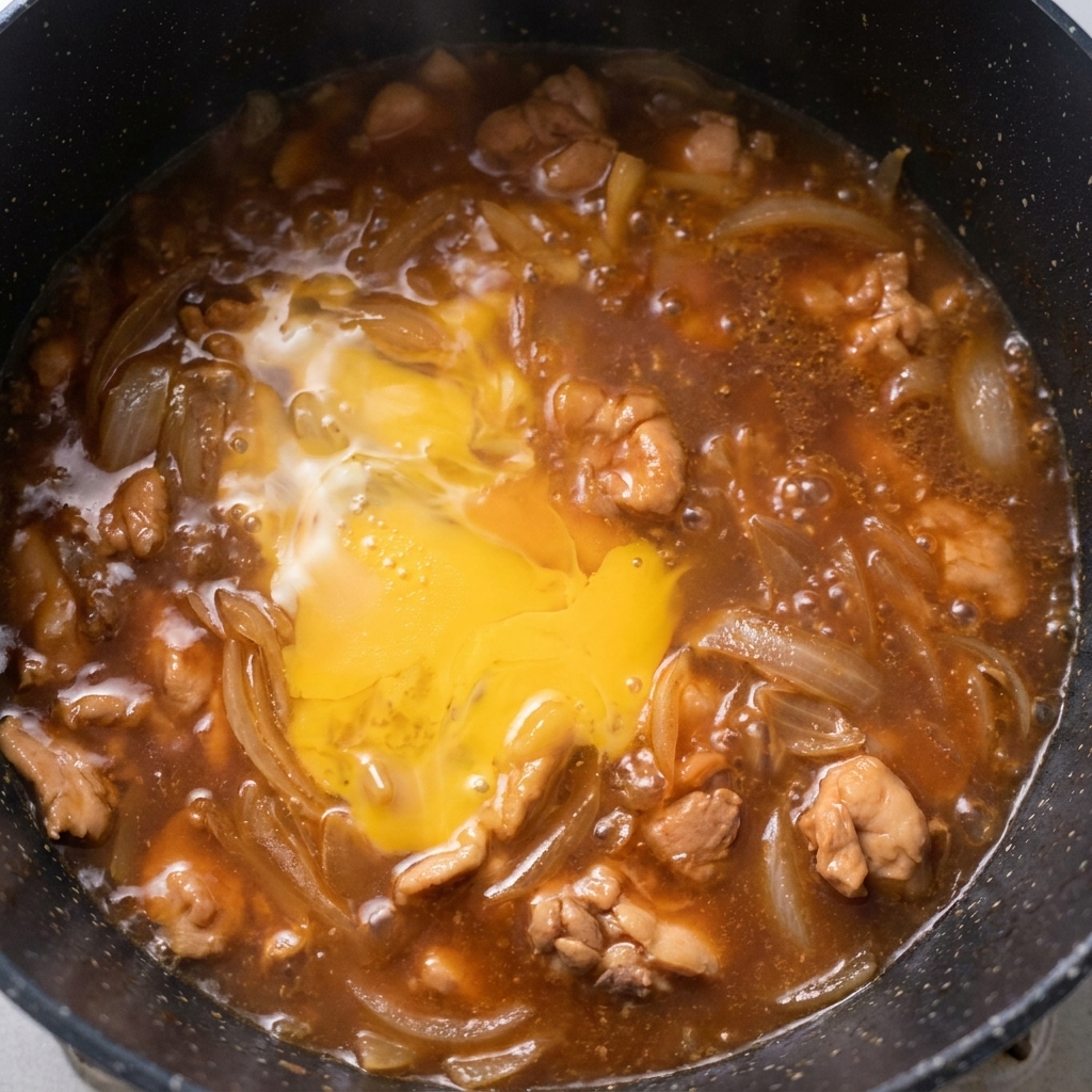 Une couche dœuf partiellement cuite mijotant avec du poulet et des oignons dans une poêle.