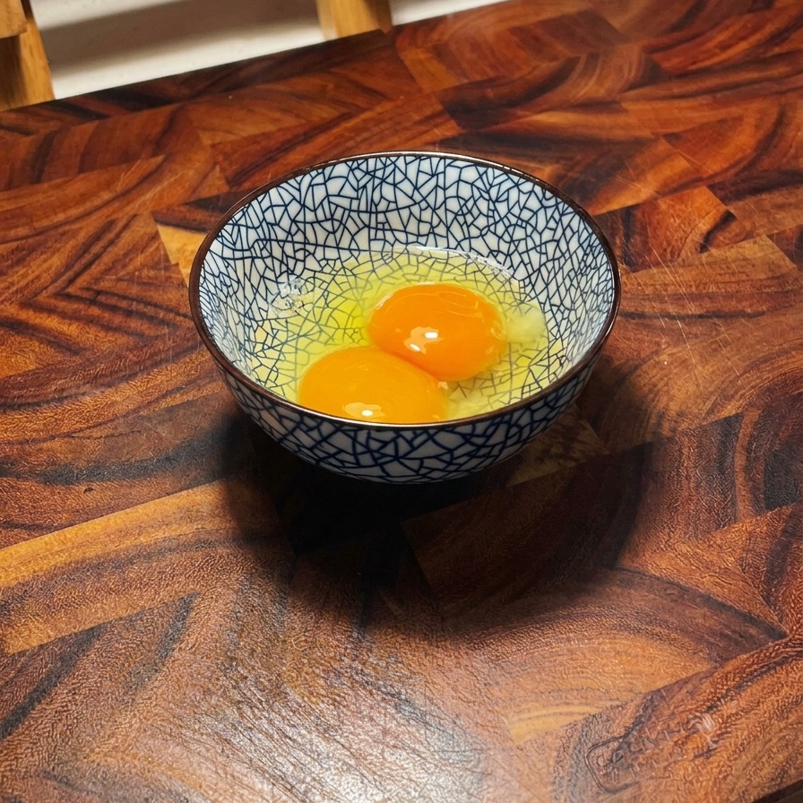 Deux jaunes dœufs crus dans un bol en céramique aux motifs bleus et blancs sur une surface en bois.
