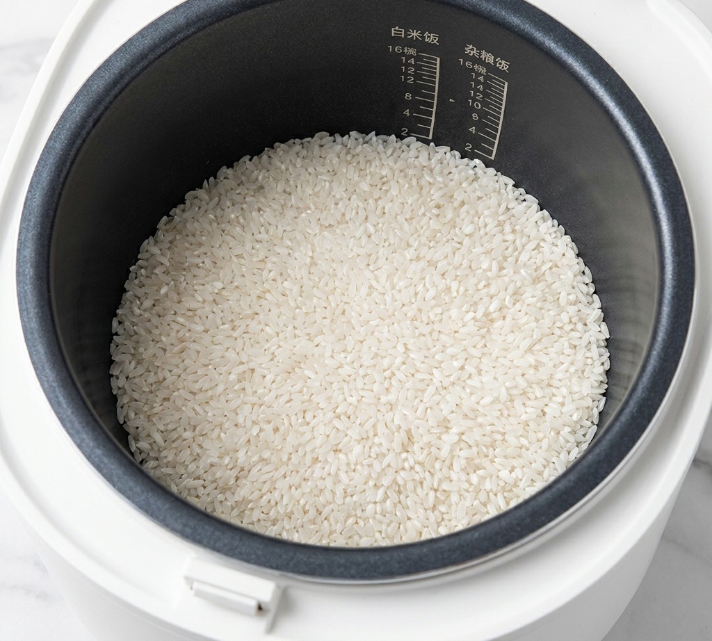 Une main versant de la sauce soja claire dune bouteille en verre dans un cuiseur à riz rempli de riz blanc.