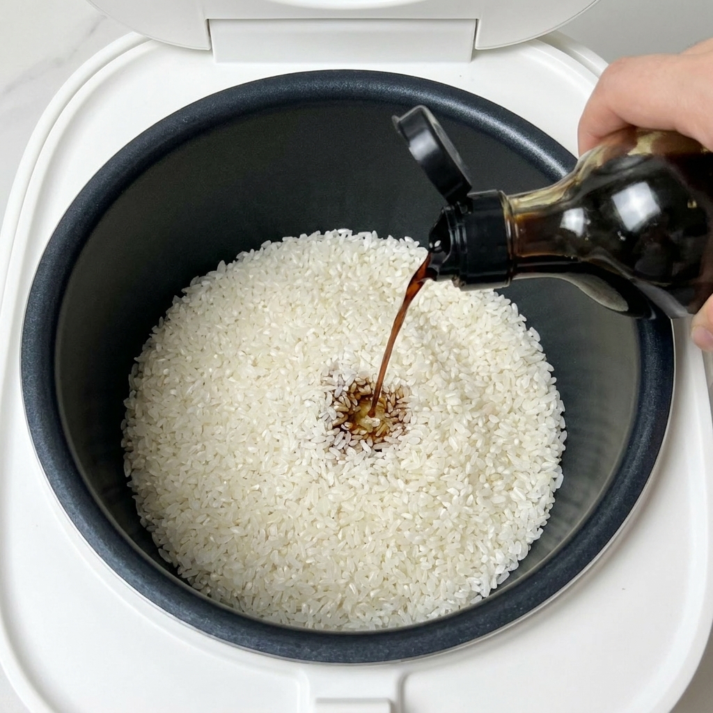 De la sauce soja foncée versée sur un lit de riz blanc dans la cuve noire dun cuiseur à riz.