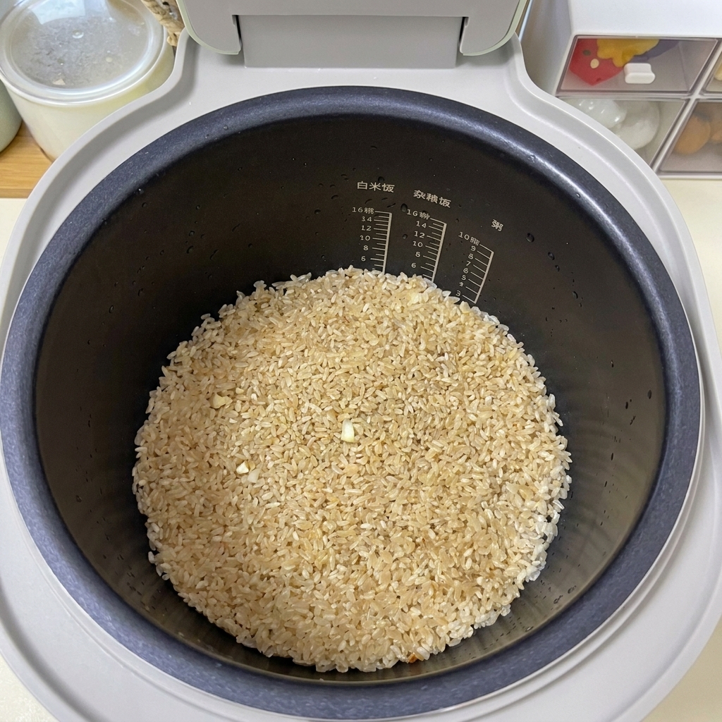 Riz brun clair assaisonné, aplati uniformément au fond dune cuve de cuiseur à riz noire.