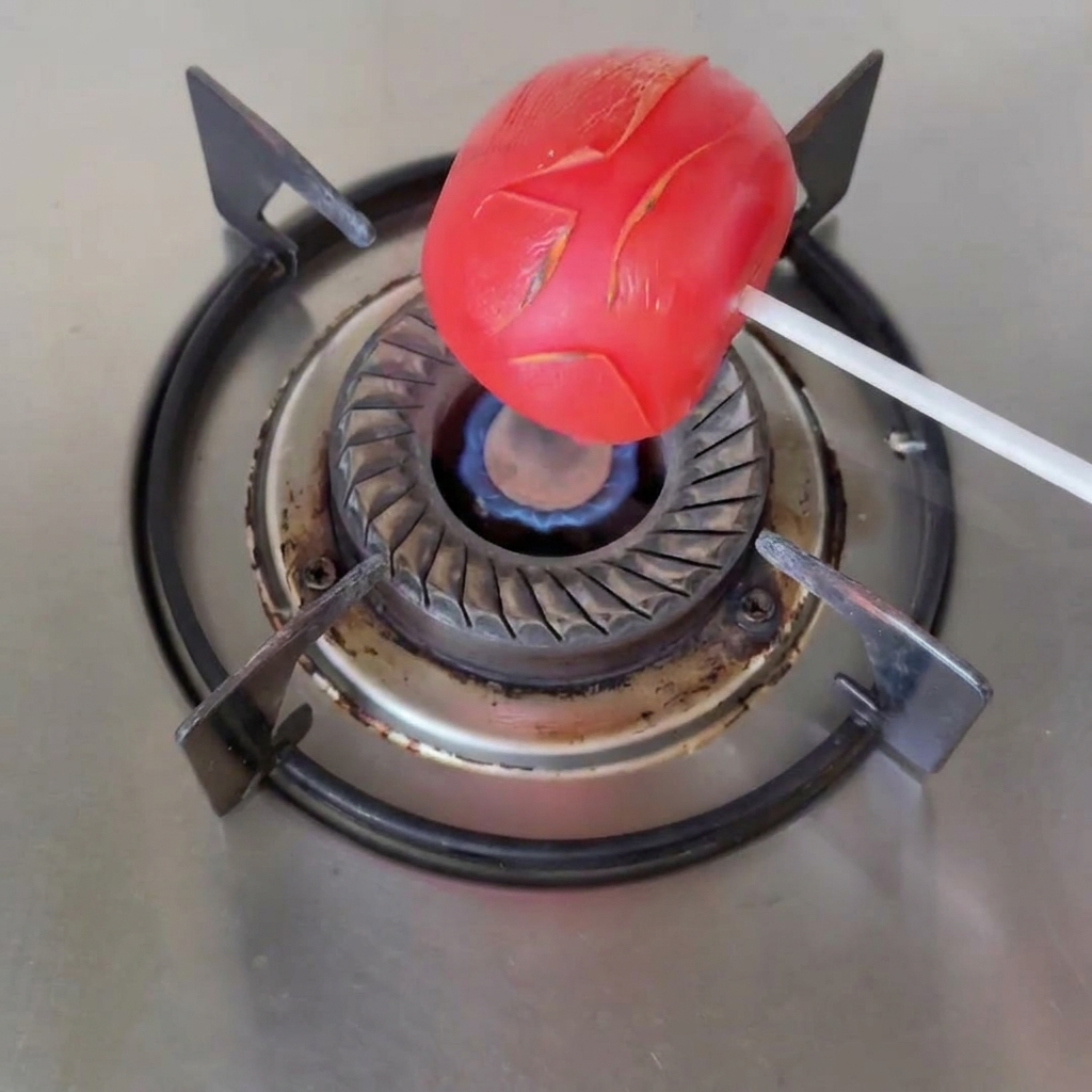 Une tomate rouge entière sur un pic tenue au-dessus de la flamme bleue dun brûleur de cuisinière à gaz.