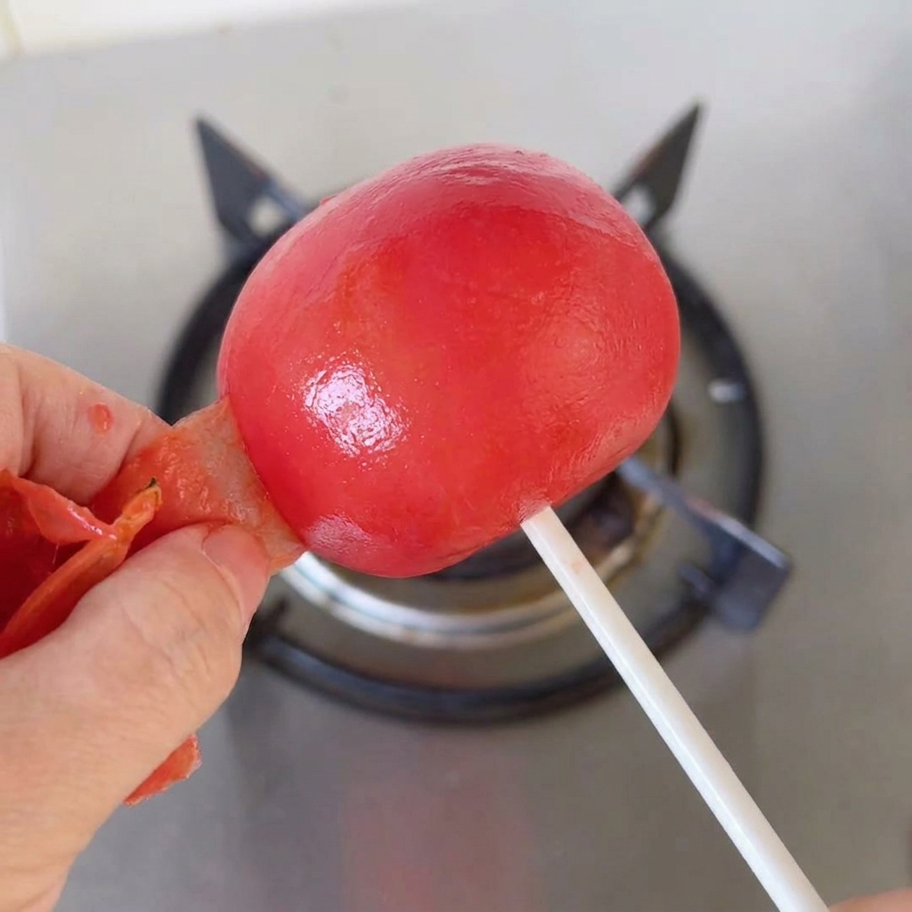 Des mains pelant la fine peau brûlée dune tomate rouge rôtie et tendre au-dessus de la cuisinière.