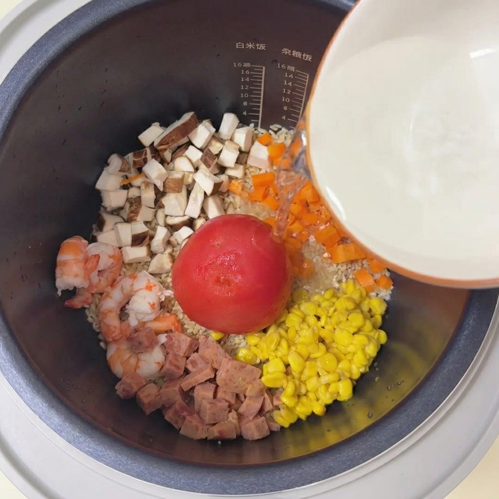 Une tomate entière pelée dun rouge vif posée au centre dun cuiseur à riz entourée de légumes colorés, viande et crevettes.
