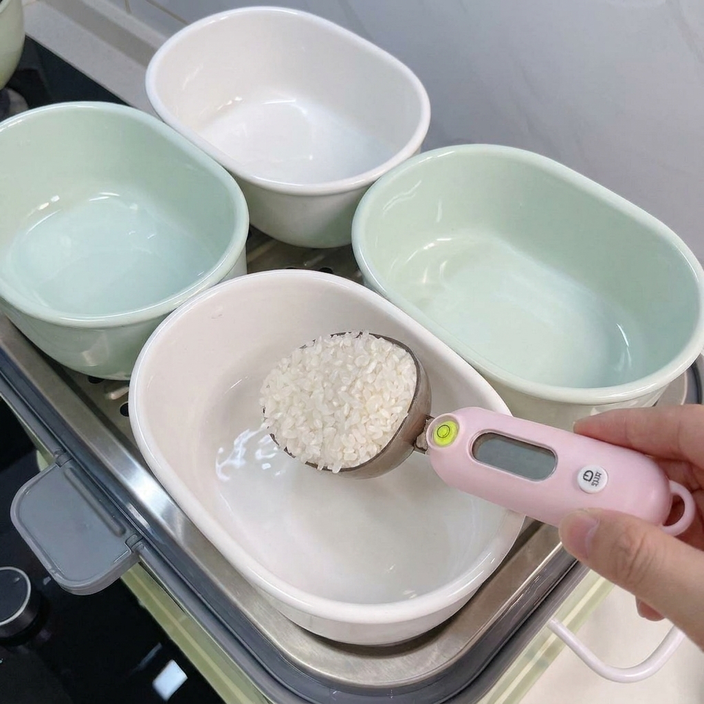 Une cuillère de mesure rose versant des grains de riz blanc dans un petit bol en céramique placé dans un plateau vapeur.