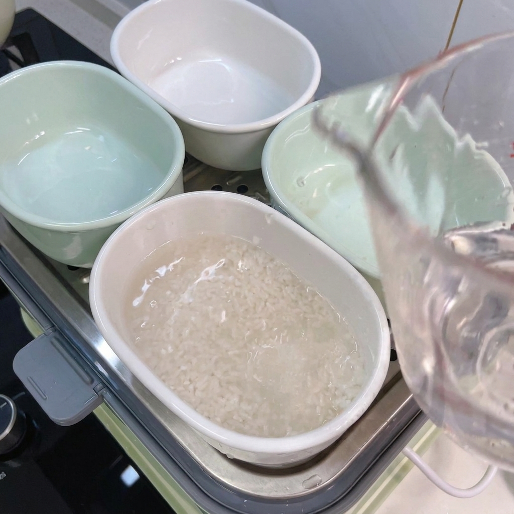 De leau versée dun pichet doseur dans un bol contenant du riz blanc.