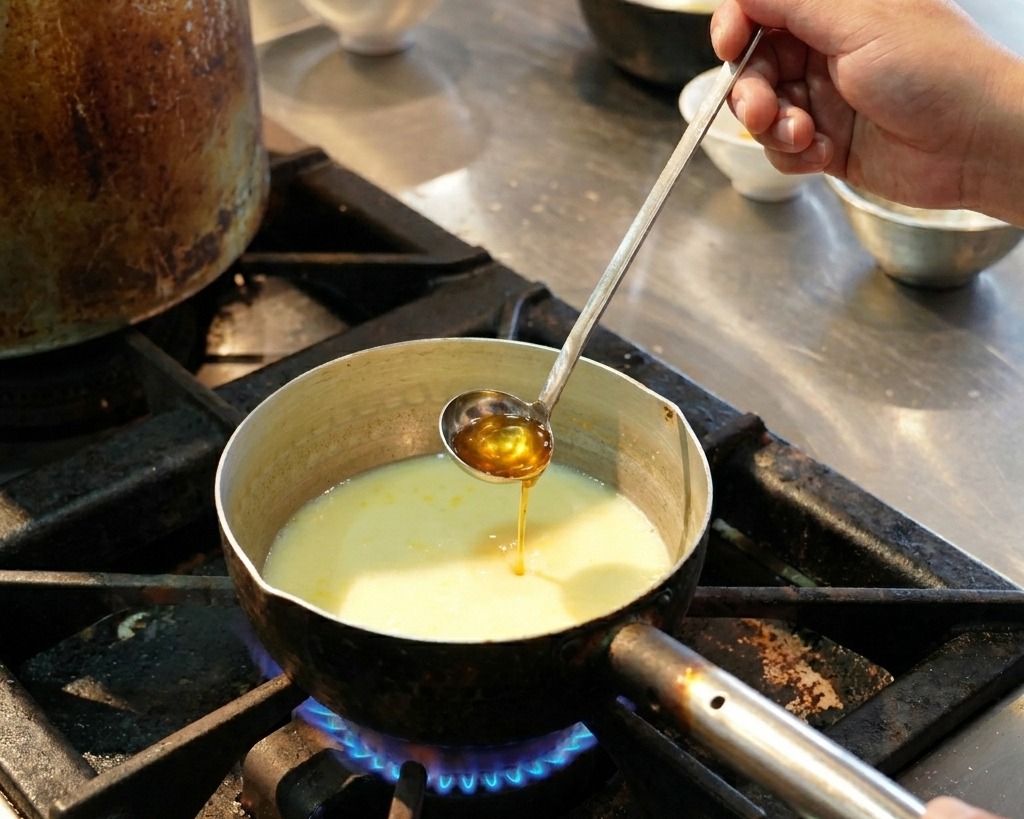De lhuile orange-rouge versée dune petite louche dans une casserole de bouillon jaune clair sur une cuisinière.