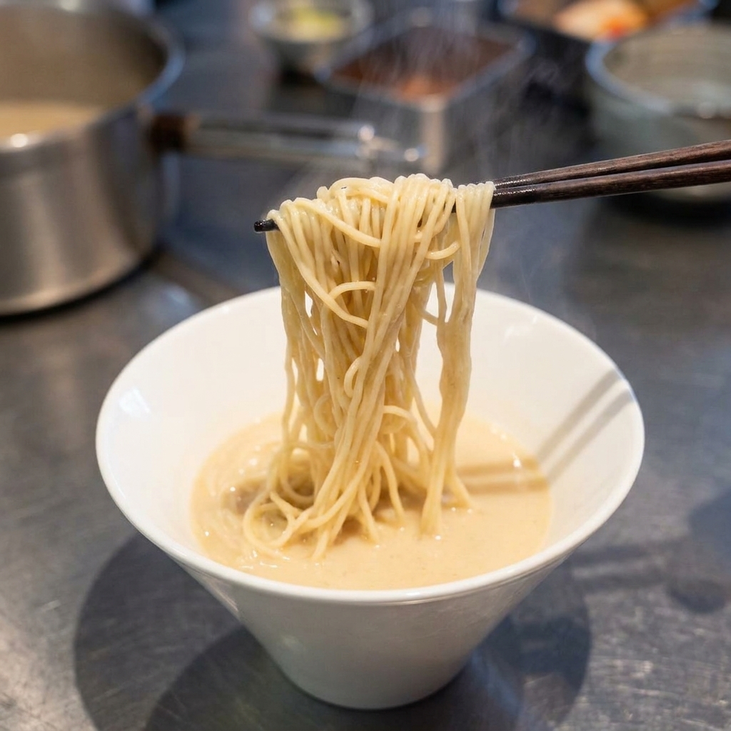 Un faisceau de nouilles ramen soulevé et ajusté avec des baguettes dans un bol de bouillon blanc crémeux.
