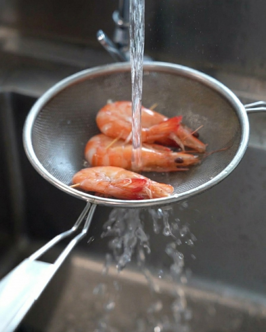 Un jet deau froide rinçant trois crevettes cuites orange dans une passoire au-dessus dun évier.