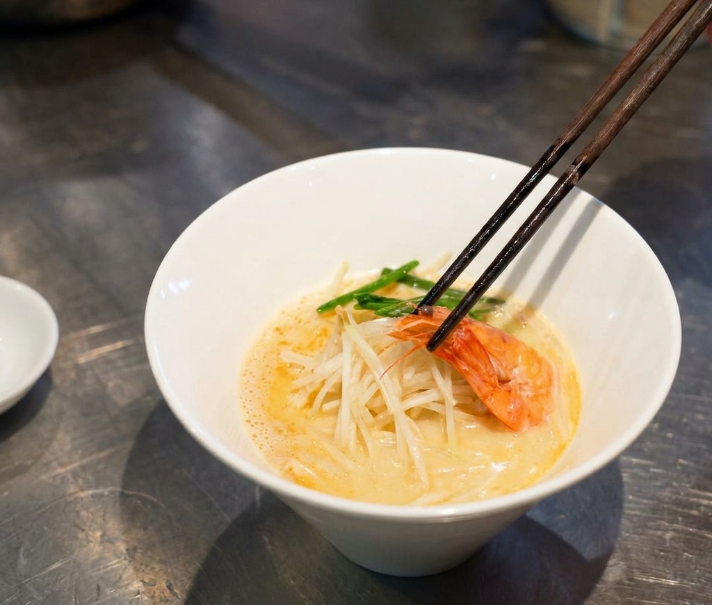 Une paire de baguettes en bois plaçant une grosse crevette orange dans un bol de ramen déjà garni.