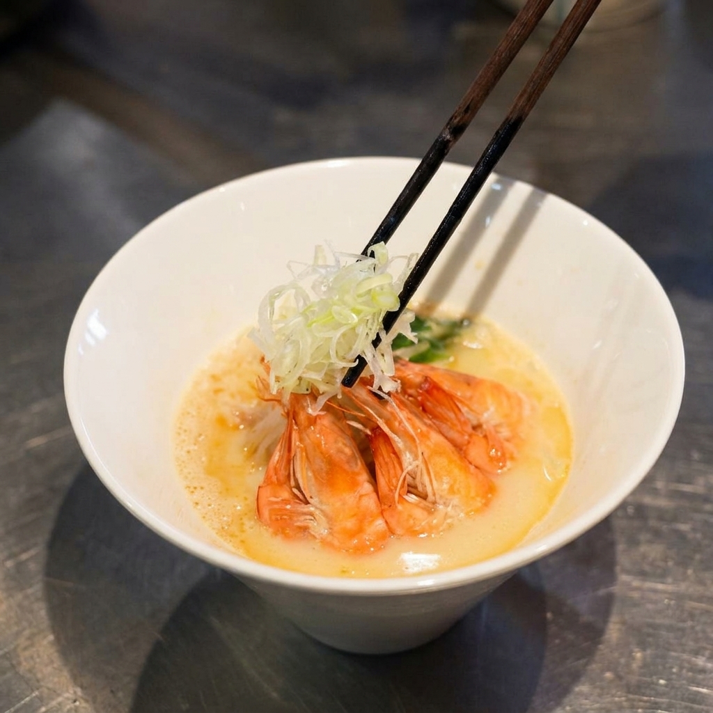 Des oignons verts finement ciselés déposés sur des crevettes cuites dans un bol de ramen blanc.