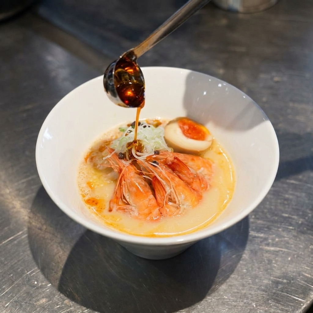 Une petite louche versant une huile rouge éclatante sur le dessus dun bol de ramen ebi paitan terminé.