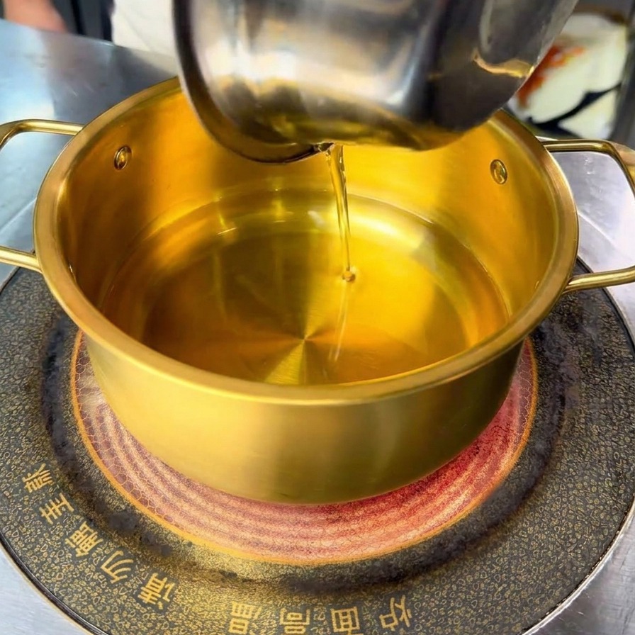 Des oignons verts hachés et de lail émincé tombant dans lhuile chaude au fond de la marmite.