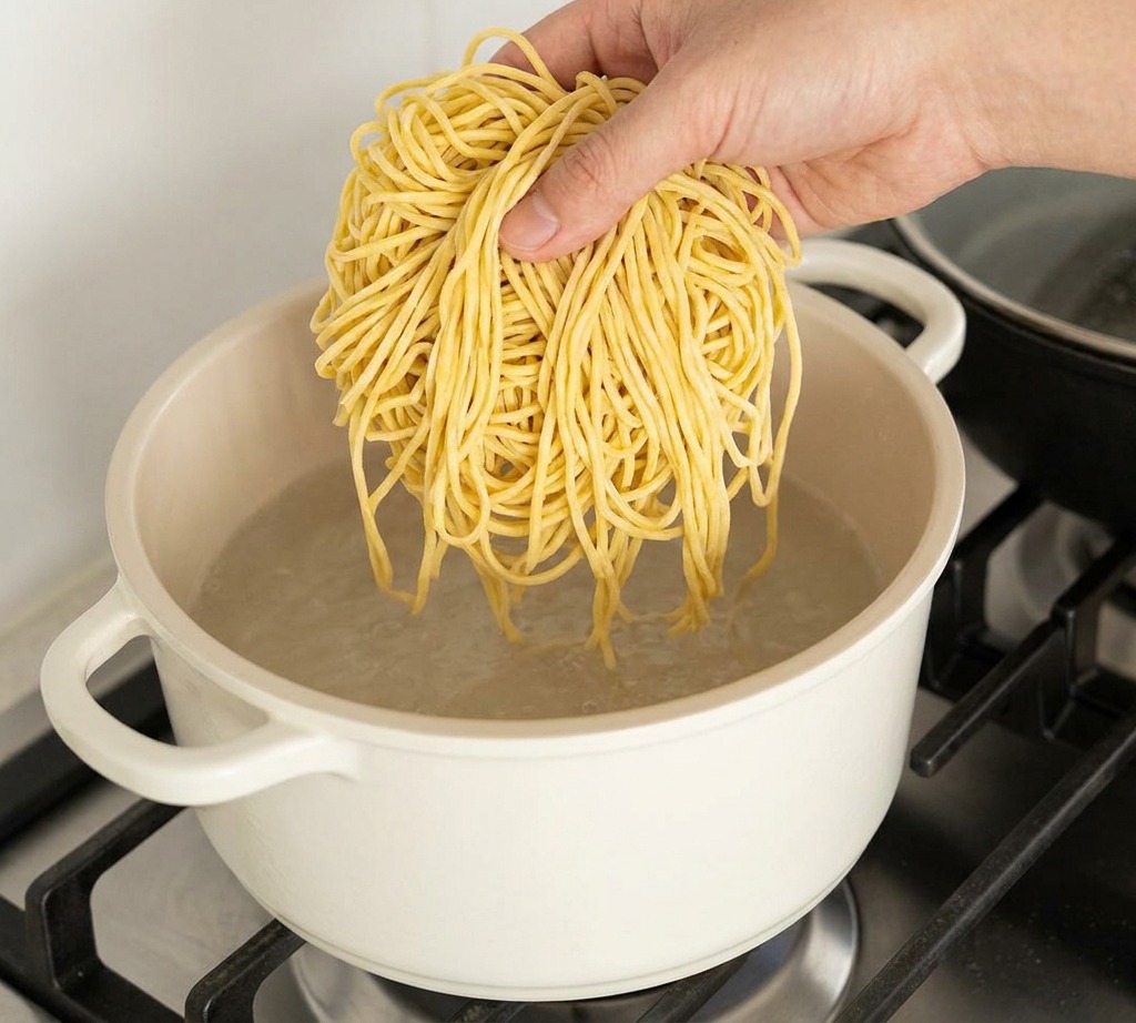 Une main déposant un nid de nouilles ramen jaunes dans une casserole deau bouillante.