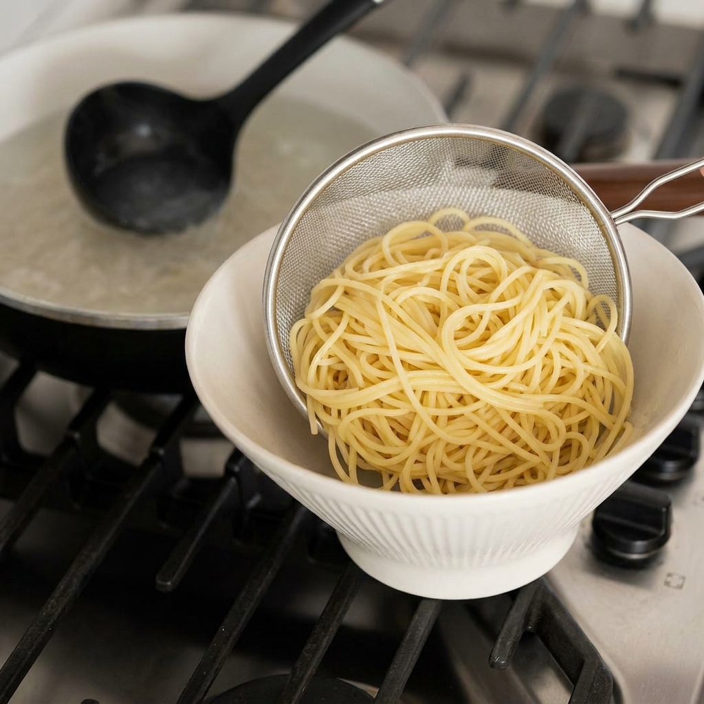 Nouilles ramen jaunes égouttées dans une passoire et déposées dans un bol en céramique blanche.